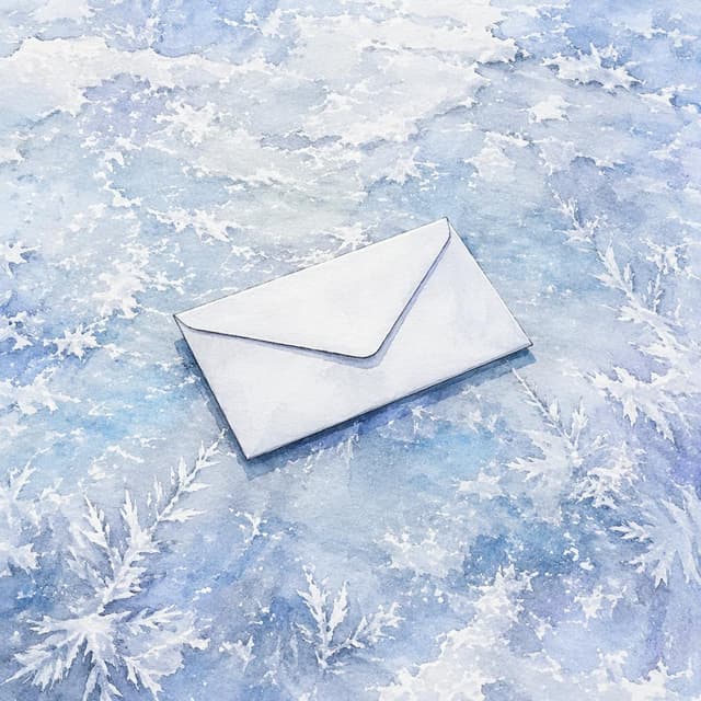 Charming ink and watercolor painting, clean lines, vibrant but soft color palette, storybook style. A single plain white rectangular envelope lying on a clean, empty, frost-covered surface
Chat attachment instruction: Generate exactly one in-world chat attachment, not a collage, split-screen, comic panel, flashback, or explanatory scene. If the prompt is a screenshot, phone screen, document, note, card, map, receipt, label, object photo, or photo someone took, frame that artifact directly. A name appearing in visible text or in 'photo taken by X' is not an instruction to draw that person. Do not show recurring story participants as visible people unless the prompt itself explicitly says they are visible. Keep unrequested people, faces, and bodies out of the image. Do not add readable text unless the prompt explicitly asks for visible text.