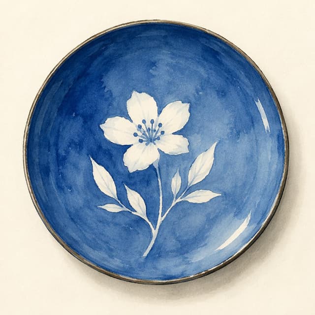Charming ink and watercolor painting, a large round ceramic plate with a blue glaze and a simple white flower motif, centered on a plain cream-colored surface
Chat attachment instruction: Generate exactly one in-world chat attachment, not a collage, split-screen, comic panel, flashback, or explanatory scene. If the prompt is a screenshot, phone screen, document, note, card, map, receipt, label, object photo, or photo someone took, frame that artifact directly. A name appearing in visible text or in 'photo taken by X' is not an instruction to draw that person. Do not show recurring story participants as visible people unless the prompt itself explicitly says they are visible. Keep unrequested people, faces, and bodies out of the image.