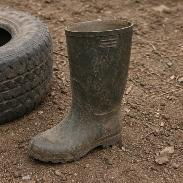 A single old rubber hunting boot standing upright on bare dirt next to a tire
Chat attachment instruction: Generate exactly one in-world chat attachment, not a collage, split-screen, comic panel, flashback, or explanatory scene. If the prompt is a screenshot, phone screen, document, note, card, map, receipt, label, object photo, or photo someone took, frame that artifact directly. A name appearing in visible text or in 'photo taken by X' is not an instruction to draw that person. Do not show recurring story participants as visible people unless the prompt itself explicitly says they are visible. Keep unrequested people, faces, and bodies out of the image. Do not add readable text unless the prompt explicitly asks for visible text.