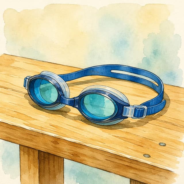 Charming ink and watercolor painting, clean lines, vibrant but soft color palette, storybook style. A pair of swimming goggles resting on a plain wooden bench, simple background.