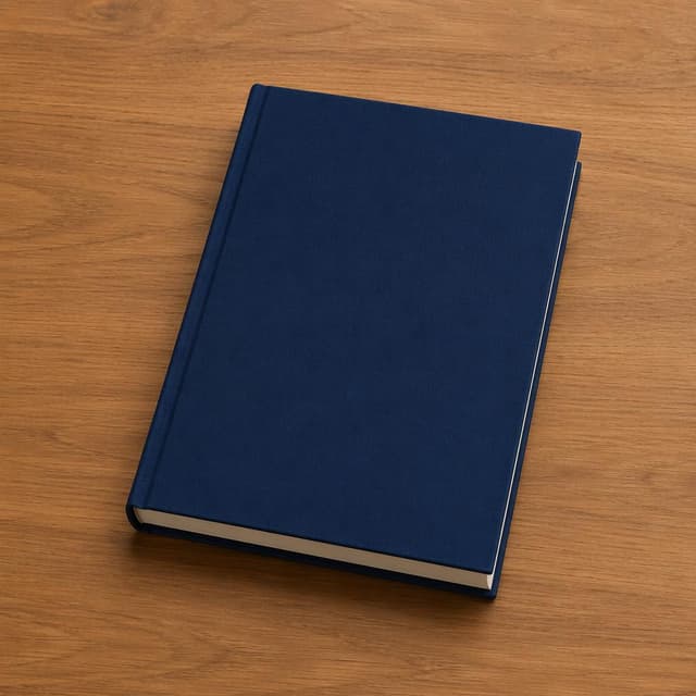 a single dark-blue hardcover notebook on a plain wooden surface