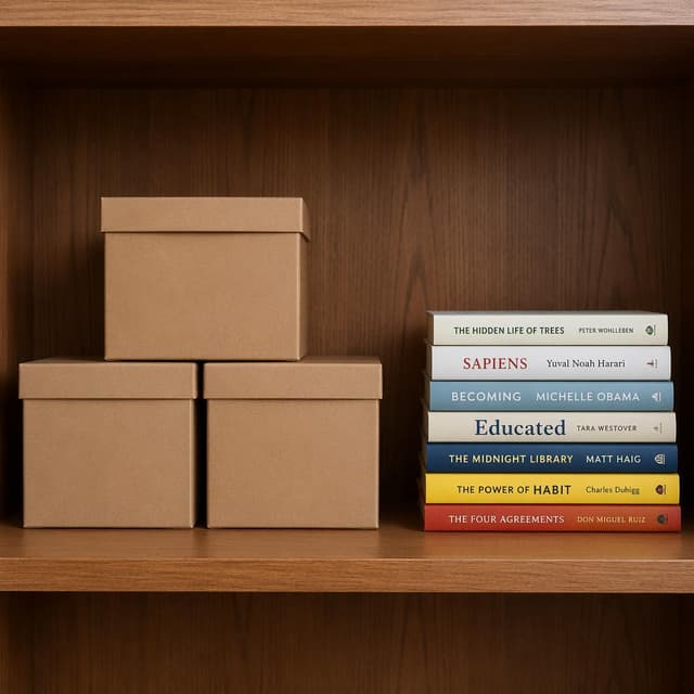 three plain cardboard boxes and a neat stack of books on a wooden shelf