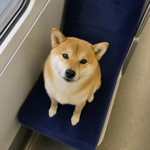 A tan Shiba Inu sitting on a train seat, viewed from above, plain interior background
Chat attachment instruction: Generate exactly one in-world chat attachment, not a collage, split-screen, comic panel, flashback, or explanatory scene. If the prompt is a screenshot, phone screen, document, note, card, map, receipt, label, object photo, or photo someone took, frame that artifact directly. A name appearing in visible text or in 'photo taken by X' is not an instruction to draw that person. Do not show recurring story participants as visible people unless the prompt itself explicitly says they are visible. Keep unrequested people, faces, and bodies out of the image. Do not add readable text unless the prompt explicitly asks for visible text.