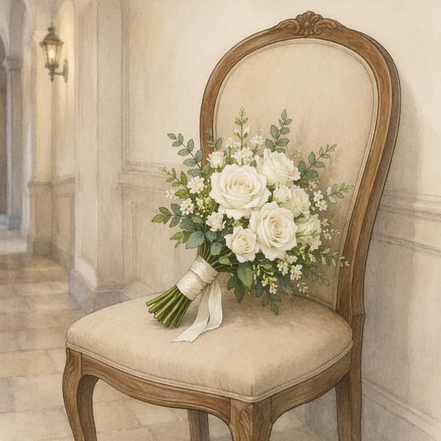 a white bridal bouquet of roses and small green foliage resting alone on a plain corridor chair, slightly tilted to one side, storybook style.