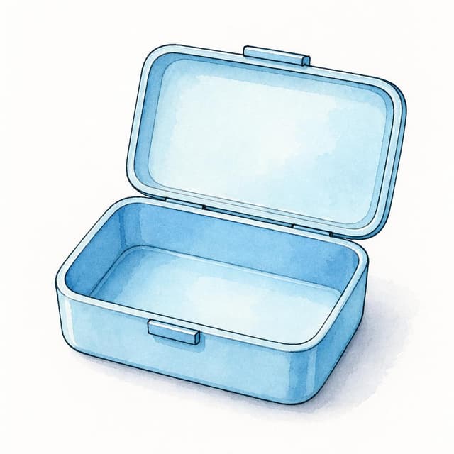 A simple, empty light-blue rectangular bento box with its lid open, sitting on a plain white surface. Charming ink and watercolor painting, clean lines, vibrant but soft color palette, storybook style
Chat attachment instruction: Generate exactly one in-world chat attachment, not a collage, split-screen, comic panel, flashback, or explanatory scene. If the prompt is a screenshot, phone screen, document, note, card, map, receipt, label, object photo, or photo someone took, frame that artifact directly. A name appearing in visible text or in 'photo taken by X' is not an instruction to draw that person. Do not show recurring story participants as visible people unless the prompt itself explicitly says they are visible. Keep unrequested people, faces, and bodies out of the image. Do not add readable text unless the prompt explicitly asks for visible text.