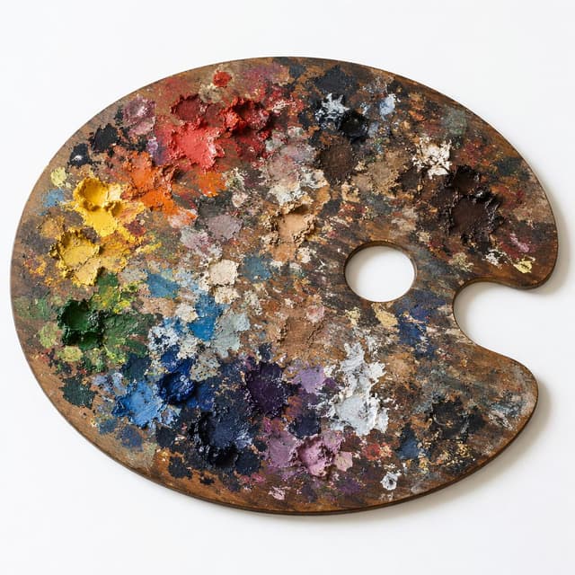 A well-used wooden artist's palette with dried blobs of paint in many colors on a plain white surface
Chat attachment instruction: Generate exactly one in-world chat attachment, not a collage, split-screen, comic panel, flashback, or explanatory scene. If the prompt is a screenshot, phone screen, document, note, card, map, receipt, label, object photo, or photo someone took, frame that artifact directly. A name appearing in visible text or in 'photo taken by X' is not an instruction to draw that person. Do not show recurring story participants as visible people unless the prompt itself explicitly says they are visible. Keep unrequested people, faces, and bodies out of the image. Do not add readable text unless the prompt explicitly asks for visible text.