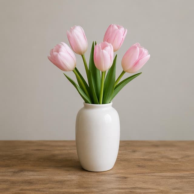 A small bunch of pale pink tulips in a plain white ceramic vase on a bare wooden tabletop.
