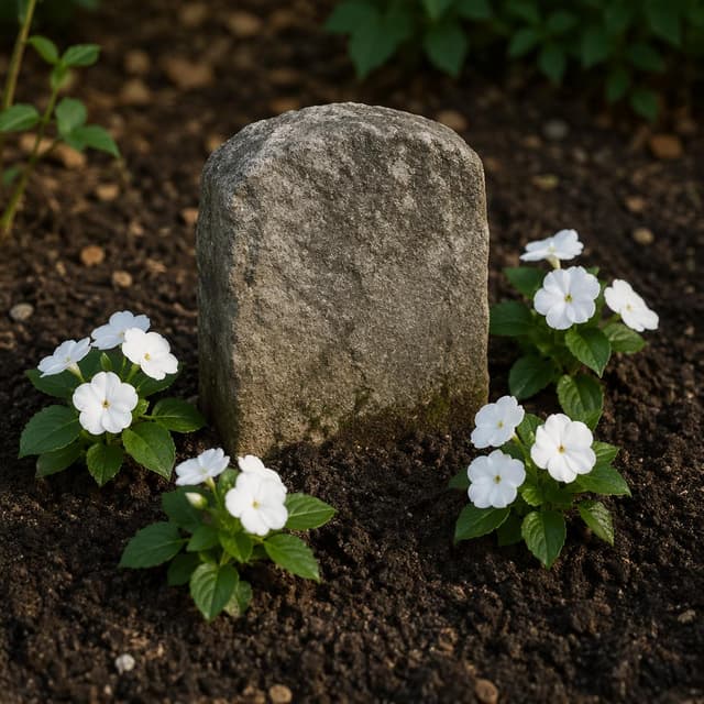 A small, weathered stone marker placed on a patch of garden soil, surrounded by a few simple, freshly placed white flowers
Chat attachment instruction: Generate exactly one in-world chat attachment, not a collage, split-screen, comic panel, flashback, or explanatory scene. If the prompt is a screenshot, phone screen, document, note, card, map, receipt, label, object photo, or photo someone took, frame that artifact directly. A name appearing in visible text or in 'photo taken by X' is not an instruction to draw that person. Do not show recurring story participants as visible people unless the prompt itself explicitly says they are visible. Keep unrequested people, faces, and bodies out of the image. Do not add readable text unless the prompt explicitly asks for visible text.