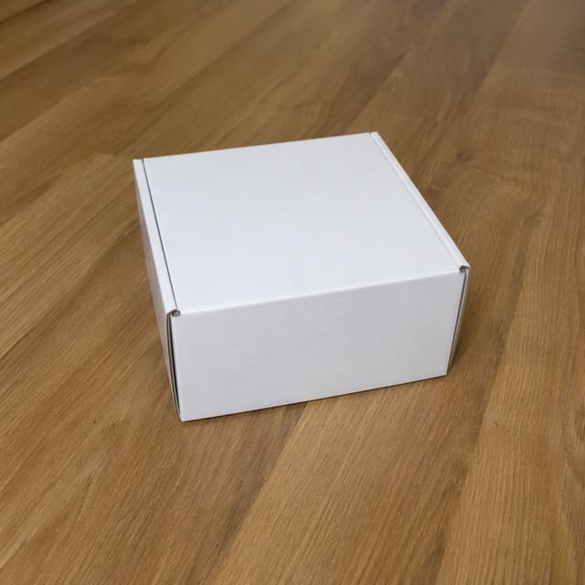 a small plain white cardboard box resting on a wooden floor, plain background
Chat attachment instruction: Generate exactly one in-world chat attachment, not a collage, split-screen, comic panel, flashback, or explanatory scene. If the prompt is a screenshot, phone screen, document, note, card, map, receipt, label, object photo, or photo someone took, frame that artifact directly. A name appearing in visible text or in 'photo taken by X' is not an instruction to draw that person. Do not show recurring story participants as visible people unless the prompt itself explicitly says they are visible. Keep unrequested people, faces, and bodies out of the image. Do not add readable text unless the prompt explicitly asks for visible text.