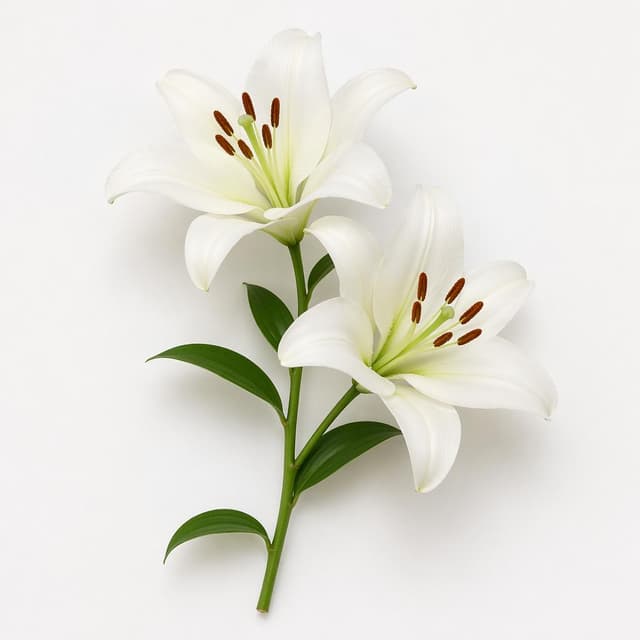 A single white lily stem with two fully open blooms on a plain white surface
Chat attachment instruction: Generate exactly one in-world chat attachment, not a collage, split-screen, comic panel, flashback, or explanatory scene. If the prompt is a screenshot, phone screen, document, note, card, map, receipt, label, object photo, or photo someone took, frame that artifact directly. A name appearing in visible text or in 'photo taken by X' is not an instruction to draw that person. Do not show recurring story participants as visible people unless the prompt itself explicitly says they are visible. Keep unrequested people, faces, and bodies out of the image.