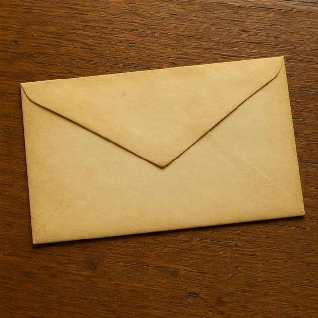 A yellowed, blank, sealed envelope lying face-down on a plain wooden desk surface
Chat attachment instruction: Generate exactly one in-world chat attachment, not a collage, split-screen, comic panel, flashback, or explanatory scene. If the prompt is a screenshot, phone screen, document, note, card, map, receipt, label, object photo, or photo someone took, frame that artifact directly. A name appearing in visible text or in 'photo taken by X' is not an instruction to draw that person. Do not show recurring story participants as visible people unless the prompt itself explicitly says they are visible. Keep unrequested people, faces, and bodies out of the image.