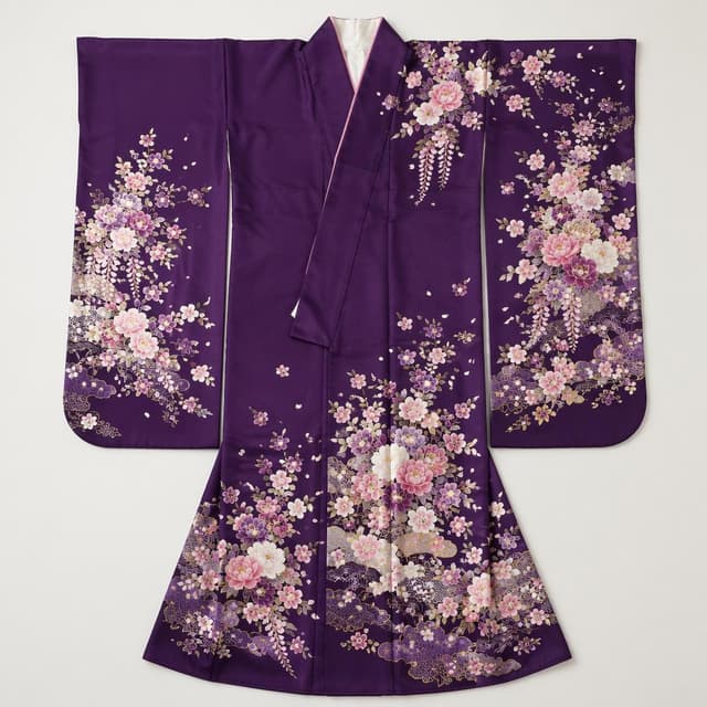 a deep purple furisode kimono laid flat on a plain pale background
Chat attachment instruction: Generate exactly one in-world chat attachment, not a collage, split-screen, comic panel, flashback, or explanatory scene. If the prompt is a screenshot, phone screen, document, note, card, map, receipt, label, object photo, or photo someone took, frame that artifact directly. A name appearing in visible text or in 'photo taken by X' is not an instruction to draw that person. Do not show recurring story participants as visible people unless the prompt itself explicitly says they are visible. Keep unrequested people, faces, and bodies out of the image.