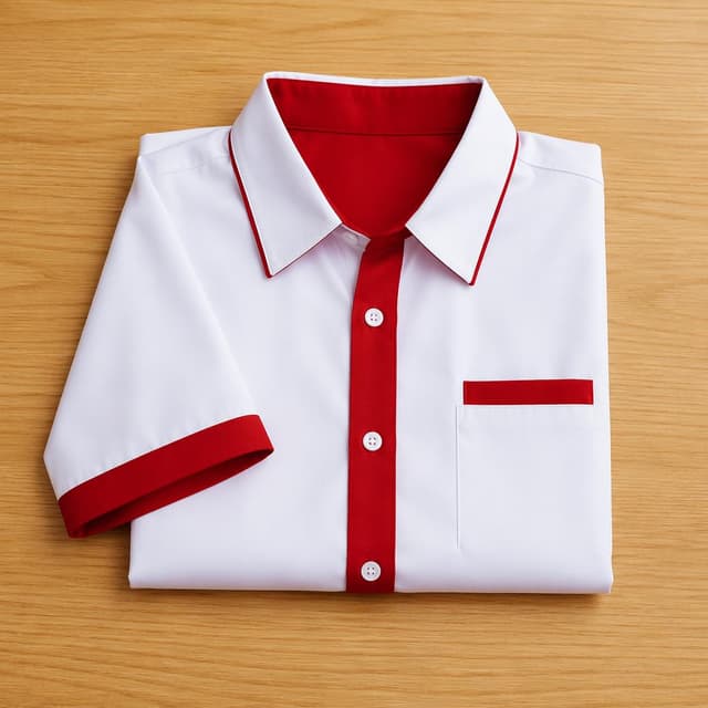 a neatly folded short-sleeved restaurant uniform in white and red, lying flat on a plain light wooden surface
Chat attachment instruction: Generate exactly one in-world chat attachment, not a collage, split-screen, comic panel, flashback, or explanatory scene. If the prompt is a screenshot, phone screen, document, note, card, map, receipt, label, object photo, or photo someone took, frame that artifact directly. A name appearing in visible text or in 'photo taken by X' is not an instruction to draw that person. Do not show recurring story participants as visible people unless the prompt itself explicitly says they are visible. Keep unrequested people, faces, and bodies out of the image.