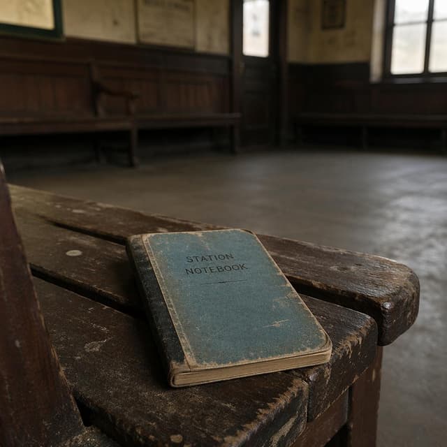 A small, worn station notebook lying on a dusty wooden bench inside an empty train station waiting room
Chat attachment instruction: Generate exactly one in-world chat attachment, not a collage, split-screen, comic panel, flashback, or explanatory scene. If the prompt is a screenshot, phone screen, document, note, card, map, receipt, label, object photo, or photo someone took, frame that artifact directly. A name appearing in visible text or in 'photo taken by X' is not an instruction to draw that person. Do not show recurring story participants as visible people unless the prompt itself explicitly says they are visible. Keep unrequested people, faces, and bodies out of the image.