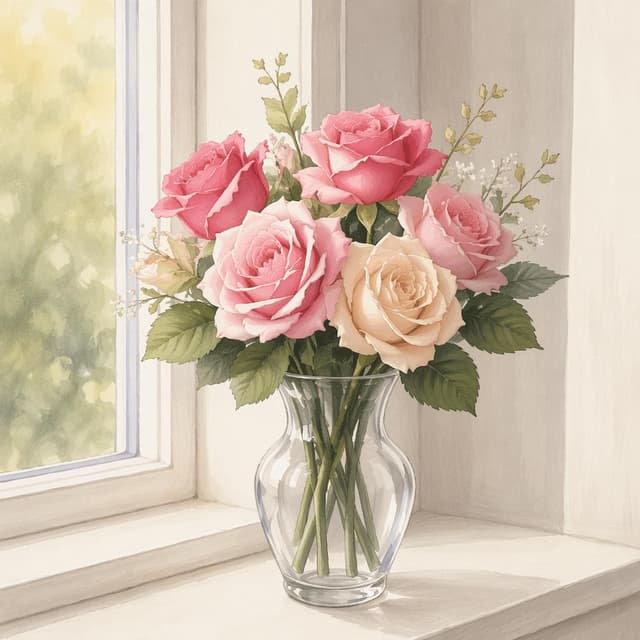 A simple glass vase containing silk roses on a plain white windowsill, soft lighting, storybook style
Chat attachment instruction: Generate exactly one in-world chat attachment, not a collage, split-screen, comic panel, flashback, or explanatory scene. If the prompt is a screenshot, phone screen, document, note, card, map, receipt, label, object photo, or photo someone took, frame that artifact directly. A name appearing in visible text or in 'photo taken by X' is not an instruction to draw that person. Do not show recurring story participants as visible people unless the prompt itself explicitly says they are visible. Keep unrequested people, faces, and bodies out of the image.