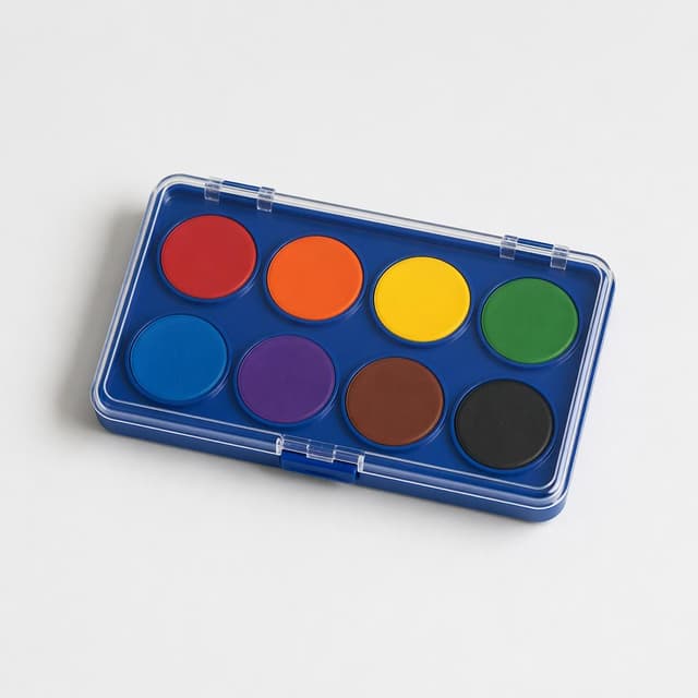 a small closed plastic case of inexpensive round watercolor paint pans on a plain white surface
Chat attachment instruction: Generate exactly one in-world chat attachment, not a collage, split-screen, comic panel, flashback, or explanatory scene. If the prompt is a screenshot, phone screen, document, note, card, map, receipt, label, object photo, or photo someone took, frame that artifact directly. A name appearing in visible text or in 'photo taken by X' is not an instruction to draw that person. Do not show recurring story participants as visible people unless the prompt itself explicitly says they are visible. Keep unrequested people, faces, and bodies out of the image.