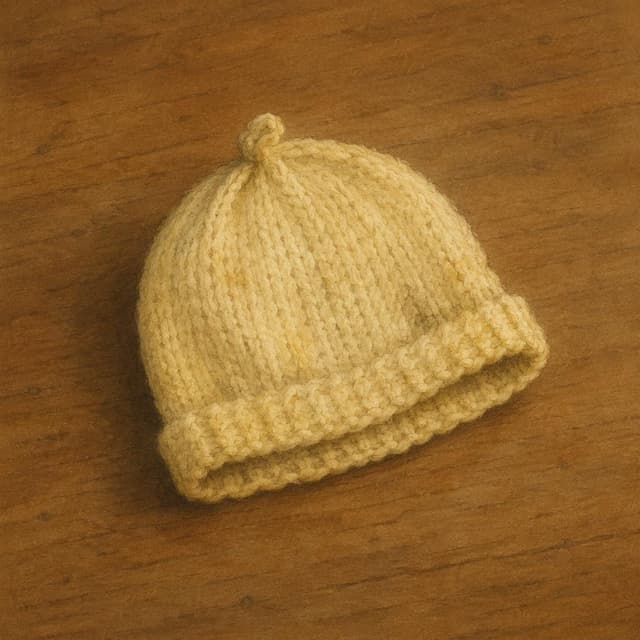 A small, yellowed, knitted baby hat resting on a plain wooden table, storybook style
Chat attachment instruction: Generate exactly one in-world chat attachment, not a collage, split-screen, comic panel, flashback, or explanatory scene. If the prompt is a screenshot, phone screen, document, note, card, map, receipt, label, object photo, or photo someone took, frame that artifact directly. A name appearing in visible text or in 'photo taken by X' is not an instruction to draw that person. Do not show recurring story participants as visible people unless the prompt itself explicitly says they are visible. Keep unrequested people, faces, and bodies out of the image.
