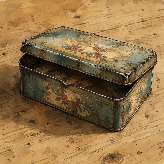 A dented old tin box with a loose lid, sitting on a bare wooden desk surface, dusty, charming ink and watercolor painting style
Chat attachment instruction: Generate exactly one in-world chat attachment, not a collage, split-screen, comic panel, flashback, or explanatory scene. If the prompt is a screenshot, phone screen, document, note, card, map, receipt, label, object photo, or photo someone took, frame that artifact directly. A name appearing in visible text or in 'photo taken by X' is not an instruction to draw that person. Do not show recurring story participants as visible people unless the prompt itself explicitly says they are visible. Keep unrequested people, faces, and bodies out of the image.