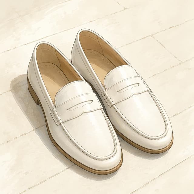 A pair of white leather loafers placed side by side on a clean, pale floor, storybook style
Chat attachment instruction: Generate exactly one in-world chat attachment, not a collage, split-screen, comic panel, flashback, or explanatory scene. If the prompt is a screenshot, phone screen, document, note, card, map, receipt, label, object photo, or photo someone took, frame that artifact directly. A name appearing in visible text or in 'photo taken by X' is not an instruction to draw that person. Do not show recurring story participants as visible people unless the prompt itself explicitly says they are visible. Keep unrequested people, faces, and bodies out of the image.