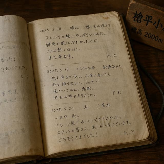 A close-up of a rustic, weathered mountain hut logbook open to a page with handwritten Japanese text, slightly faded ink, warm lighting
Chat attachment instruction: Generate exactly one in-world chat attachment, not a collage, split-screen, comic panel, flashback, or explanatory scene. If the prompt is a screenshot, phone screen, document, note, card, map, receipt, label, object photo, or photo someone took, frame that artifact directly. A name appearing in visible text or in 'photo taken by X' is not an instruction to draw that person. Do not show recurring story participants as visible people unless the prompt itself explicitly says they are visible. Keep unrequested people, faces, and bodies out of the image.