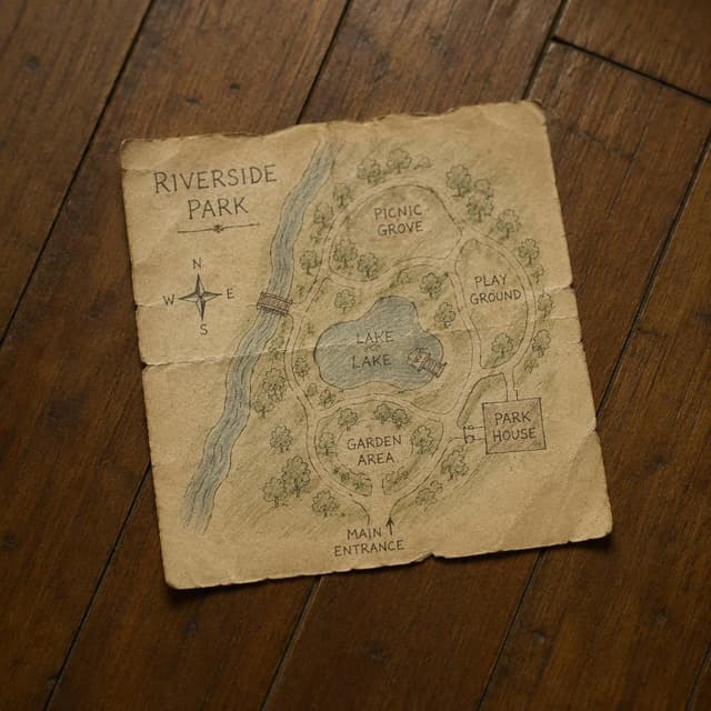 A small, yellowed piece of paper with a hand-drawn map of a park, lying flat on a wooden floor
Chat attachment instruction: Generate exactly one in-world chat attachment, not a collage, split-screen, comic panel, flashback, or explanatory scene. If the prompt is a screenshot, phone screen, document, note, card, map, receipt, label, object photo, or photo someone took, frame that artifact directly. A name appearing in visible text or in 'photo taken by X' is not an instruction to draw that person. Do not show recurring story participants as visible people unless the prompt itself explicitly says they are visible. Keep unrequested people, faces, and bodies out of the image.