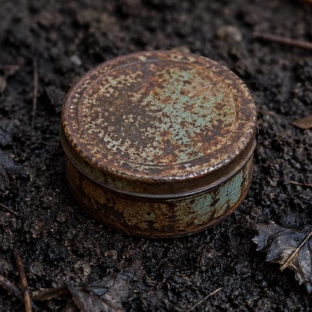 A small, round, rusted vintage tin sitting on dark damp soil
Chat attachment instruction: Generate exactly one in-world chat attachment, not a collage, split-screen, comic panel, flashback, or explanatory scene. If the prompt is a screenshot, phone screen, document, note, card, map, receipt, label, object photo, or photo someone took, frame that artifact directly. A name appearing in visible text or in 'photo taken by X' is not an instruction to draw that person. Do not show recurring story participants as visible people unless the prompt itself explicitly says they are visible. Keep unrequested people, faces, and bodies out of the image.
