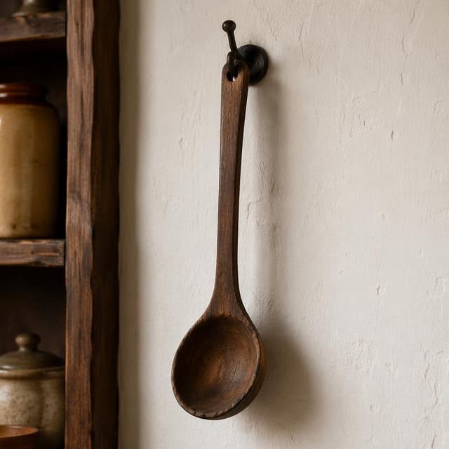An old wooden ladle hanging on a kitchen wall hook
Chat attachment instruction: Generate exactly one in-world chat attachment, not a collage, split-screen, comic panel, flashback, or explanatory scene. If the prompt is a screenshot, phone screen, document, note, card, map, receipt, label, object photo, or photo someone took, frame that artifact directly. A name appearing in visible text or in 'photo taken by X' is not an instruction to draw that person. Do not show recurring story participants as visible people unless the prompt itself explicitly says they are visible. Keep unrequested people, faces, and bodies out of the image.