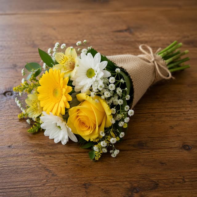 a small bouquet of yellow and white flowers resting on a plain wooden surface
Chat attachment instruction: Generate exactly one in-world chat attachment, not a collage, split-screen, comic panel, flashback, or explanatory scene. If the prompt is a screenshot, phone screen, document, note, card, map, receipt, label, object photo, or photo someone took, frame that artifact directly. A name appearing in visible text or in 'photo taken by X' is not an instruction to draw that person. Do not show recurring story participants as visible people unless the prompt itself explicitly says they are visible. Keep unrequested people, faces, and bodies out of the image.