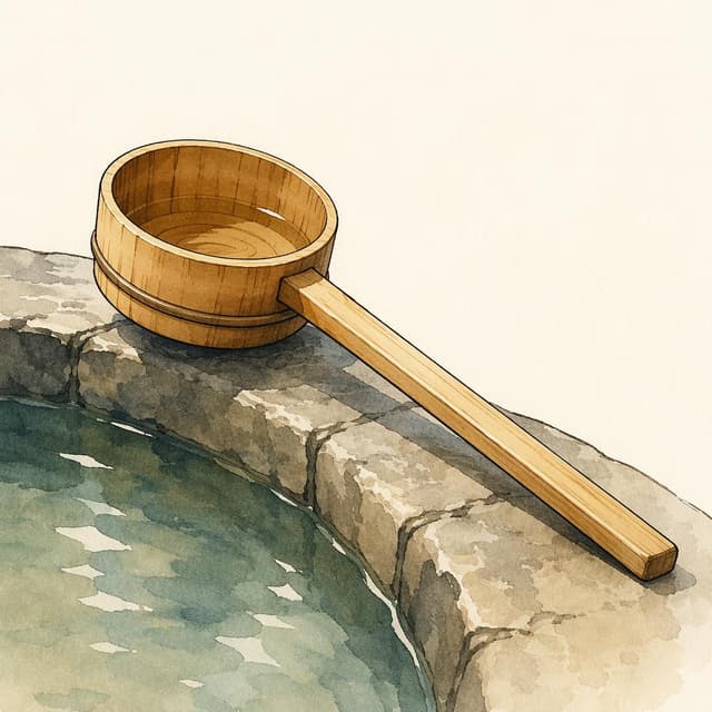 Charming ink and watercolor painting, clean lines, vibrant but soft color palette, storybook style. A single wooden ladle resting on the edge of a stone hot-spring bath, plain background
Chat attachment instruction: Generate exactly one in-world chat attachment, not a collage, split-screen, comic panel, flashback, or explanatory scene. If the prompt is a screenshot, phone screen, document, note, card, map, receipt, label, object photo, or photo someone took, frame that artifact directly. A name appearing in visible text or in 'photo taken by X' is not an instruction to draw that person. Do not show recurring story participants as visible people unless the prompt itself explicitly says they are visible. Keep unrequested people, faces, and bodies out of the image.