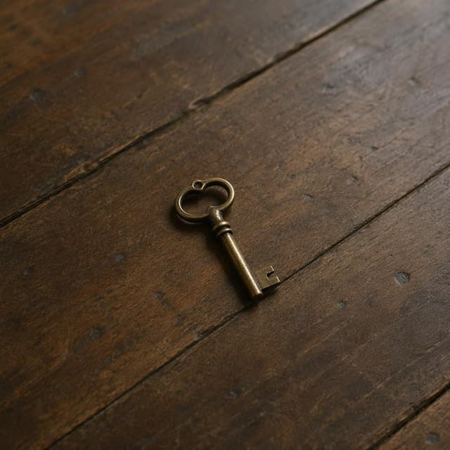 a small, old-fashioned brass key lying on bare wooden floorboards
Chat attachment instruction: Generate exactly one in-world chat attachment, not a collage, split-screen, comic panel, flashback, or explanatory scene. If the prompt is a screenshot, phone screen, document, note, card, map, receipt, label, object photo, or photo someone took, frame that artifact directly. A name appearing in visible text or in 'photo taken by X' is not an instruction to draw that person. Do not show recurring story participants as visible people unless the prompt itself explicitly says they are visible. Keep unrequested people, faces, and bodies out of the image.