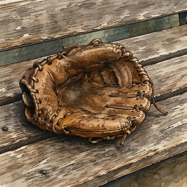 A worn leather baseball glove resting alone on a wooden bench, ink and watercolor style
Chat attachment instruction: Generate exactly one in-world chat attachment, not a collage, split-screen, comic panel, flashback, or explanatory scene. If the prompt is a screenshot, phone screen, document, note, card, map, receipt, label, object photo, or photo someone took, frame that artifact directly. A name appearing in visible text or in 'photo taken by X' is not an instruction to draw that person. Do not show recurring story participants as visible people unless the prompt itself explicitly says they are visible. Keep unrequested people, faces, and bodies out of the image.