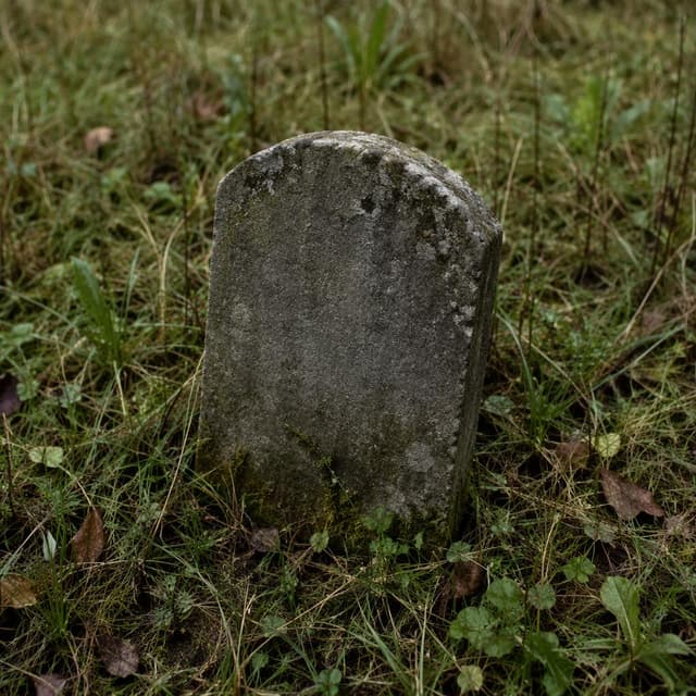 A small, weathered gray stone grave marker sitting in overgrown grass, slightly tilted, with no inscription
Chat attachment instruction: Generate exactly one in-world chat attachment, not a collage, split-screen, comic panel, flashback, or explanatory scene. If the prompt is a screenshot, phone screen, document, note, card, map, receipt, label, object photo, or photo someone took, frame that artifact directly. A name appearing in visible text or in 'photo taken by X' is not an instruction to draw that person. Do not show recurring story participants as visible people unless the prompt itself explicitly says they are visible. Keep unrequested people, faces, and bodies out of the image.