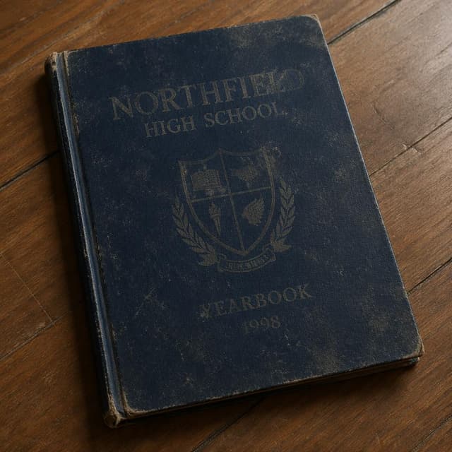 a dusty, worn dark-blue yearbook with a faded cover lying on a wooden floor
Chat attachment instruction: Generate exactly one in-world chat attachment, not a collage, split-screen, comic panel, flashback, or explanatory scene. If the prompt is a screenshot, phone screen, document, note, card, map, receipt, label, object photo, or photo someone took, frame that artifact directly. A name appearing in visible text or in 'photo taken by X' is not an instruction to draw that person. Do not show recurring story participants as visible people unless the prompt itself explicitly says they are visible. Keep unrequested people, faces, and bodies out of the image.
