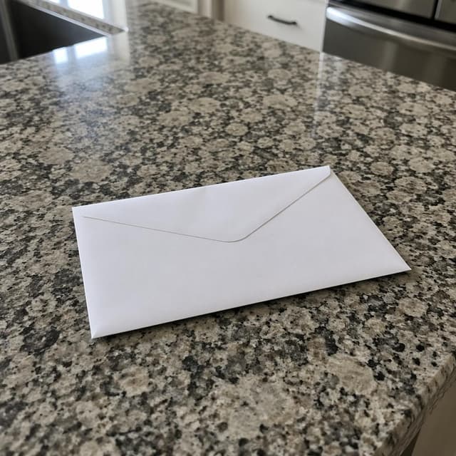 A slightly frosted, plain white envelope sitting on a kitchen counter
Chat attachment instruction: Generate exactly one in-world chat attachment, not a collage, split-screen, comic panel, flashback, or explanatory scene. If the prompt is a screenshot, phone screen, document, note, card, map, receipt, label, object photo, or photo someone took, frame that artifact directly. A name appearing in visible text or in 'photo taken by X' is not an instruction to draw that person. Do not show recurring story participants as visible people unless the prompt itself explicitly says they are visible. Keep unrequested people, faces, and bodies out of the image.