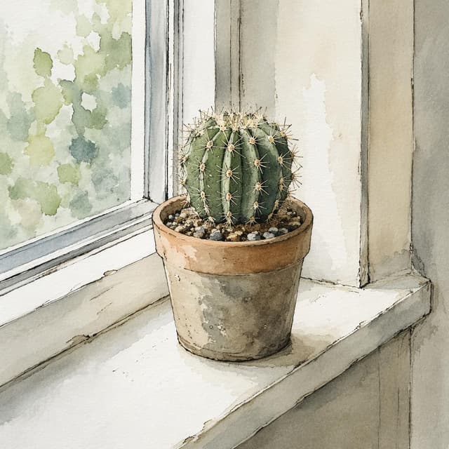 A small potted cactus on a narrow pale windowsill, soft indirect daylight, ink and watercolor style
Chat attachment instruction: Generate exactly one in-world chat attachment, not a collage, split-screen, comic panel, flashback, or explanatory scene. If the prompt is a screenshot, phone screen, document, note, card, map, receipt, label, object photo, or photo someone took, frame that artifact directly. A name appearing in visible text or in 'photo taken by X' is not an instruction to draw that person. Do not show recurring story participants as visible people unless the prompt itself explicitly says they are visible. Keep unrequested people, faces, and bodies out of the image.