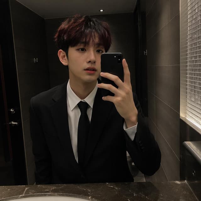 A selfie taken in a dimly lit, tiled wedding venue bathroom mirror. The reflection shows a nervous 19-year-old Korean male in a black suit, looking slightly disheveled but relieved
Character consistency instruction: preserve these exact recurring appearance details: 민준: gender: Male; age: 19; skin tone: Pale; hair color: Black with dark auburn tips; hair style: Short and straight with slight texture; eye color: Dark brown; clothing: A formal black wedding suit with a white dress shirt and a black necktie.; other features: Faint freckles across his nose and small ears that stick out slightly.
Chat attachment instruction: Generate exactly one in-world chat attachment, not a collage, split-screen, comic panel, flashback, or explanatory scene. If the prompt is a screenshot, phone screen, document, note, card, map, receipt, label, object photo, or photo someone took, frame that artifact directly. A name appearing in visible text or in 'photo taken by X' is not an instruction to draw that person. Recurring story participants explicitly allowed as visible people: 민준. Do not add any other recurring participant as a visible person. Keep unrequested people, faces, and bodies out of the image. Do not add readable text unless the prompt explicitly asks for visible text.