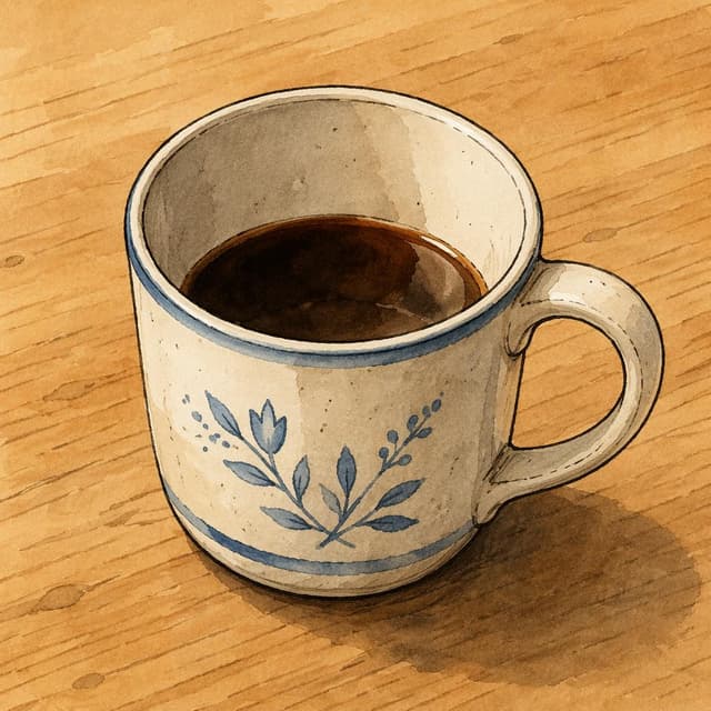 A ceramic coffee mug, half-full of dark coffee, resting on a plain wooden desk. Charming ink and watercolor painting, clean lines, storybook style
Chat attachment instruction: Generate exactly one in-world chat attachment, not a collage, split-screen, comic panel, flashback, or explanatory scene. If the prompt is a screenshot, phone screen, document, note, card, map, receipt, label, object photo, or photo someone took, frame that artifact directly. A name appearing in visible text or in 'photo taken by X' is not an instruction to draw that person. Do not show recurring story participants as visible people unless the prompt itself explicitly says they are visible. Keep unrequested people, faces, and bodies out of the image.