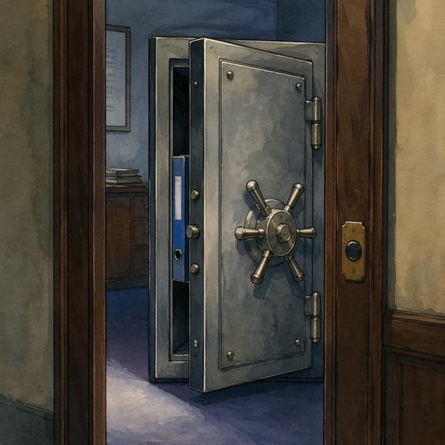 A heavy steel safe door left ajar, with the spine of a blue document folder protruding from inside, photographed from a doorway in dim office light. Charming ink and watercolor painting, clean lines, vibrant but soft color palette, storybook style
Chat attachment instruction: Generate exactly one in-world chat attachment, not a collage, split-screen, comic panel, flashback, or explanatory scene. If the prompt is a screenshot, phone screen, document, note, card, map, receipt, label, object photo, or photo someone took, frame that artifact directly. A name appearing in visible text or in 'photo taken by X' is not an instruction to draw that person. Do not show recurring story participants as visible people unless the prompt itself explicitly says they are visible. Keep unrequested people, faces, and bodies out of the image.