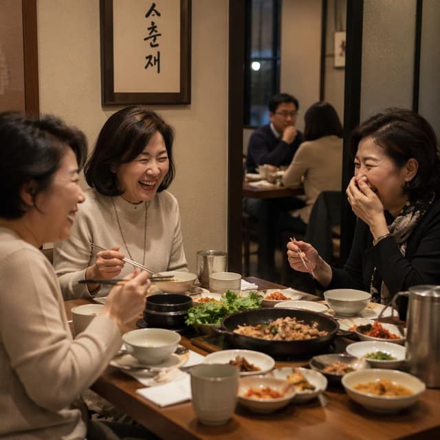 A group of middle-aged Korean women laughing and eating at a restaurant table. In the blurred background, a man resembling the husband is sitting at a separate table with a woman, looking towards her
Chat attachment instruction: Generate exactly one in-world chat attachment, not a collage, split-screen, comic panel, flashback, or explanatory scene. If the prompt is a screenshot, phone screen, document, note, card, map, receipt, label, object photo, or photo someone took, frame that artifact directly. A name appearing in visible text or in 'photo taken by X' is not an instruction to draw that person. Do not show recurring story participants as visible people unless the prompt itself explicitly says they are visible. Keep unrequested people, faces, and bodies out of the image.