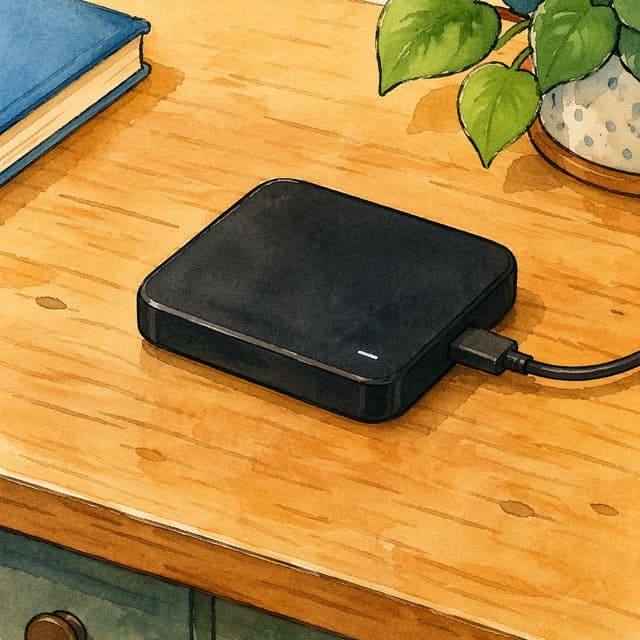 a small black portable external hard drive resting on a plain wooden desk, charming ink and watercolor painting, clean lines, vibrant but soft color palette, storybook style
Chat attachment instruction: Generate exactly one in-world chat attachment, not a collage, split-screen, comic panel, flashback, or explanatory scene. If the prompt is a screenshot, phone screen, document, note, card, map, receipt, label, object photo, or photo someone took, frame that artifact directly. A name appearing in visible text or in 'photo taken by X' is not an instruction to draw that person. Do not show recurring story participants as visible people unless the prompt itself explicitly says they are visible. Keep unrequested people, faces, and bodies out of the image.