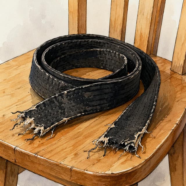 Charming ink and watercolor painting, clean lines, vibrant but soft color palette, storybook style. A worn black judo belt coiled loosely on a plain wooden chair surface, frayed and slightly unraveling at both ends
Chat attachment instruction: Generate exactly one in-world chat attachment, not a collage, split-screen, comic panel, flashback, or explanatory scene. If the prompt is a screenshot, phone screen, document, note, card, map, receipt, label, object photo, or photo someone took, frame that artifact directly. A name appearing in visible text or in 'photo taken by X' is not an instruction to draw that person. Do not show recurring story participants as visible people unless the prompt itself explicitly says they are visible. Keep unrequested people, faces, and bodies out of the image.