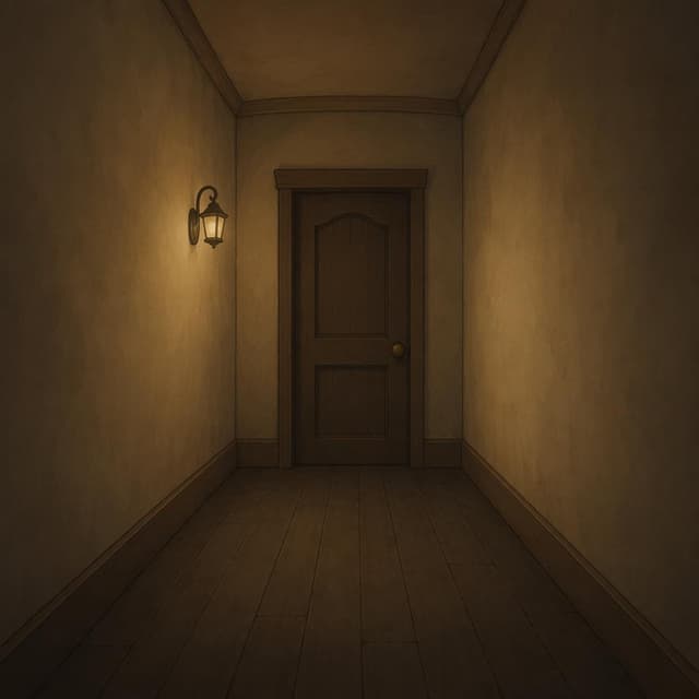 A dim, empty corridor with plain beige walls and a single closed door at the end, storybook style
Chat attachment instruction: Generate exactly one in-world chat attachment, not a collage, split-screen, comic panel, flashback, or explanatory scene. If the prompt is a screenshot, phone screen, document, note, card, map, receipt, label, object photo, or photo someone took, frame that artifact directly. A name appearing in visible text or in 'photo taken by X' is not an instruction to draw that person. Do not show recurring story participants as visible people unless the prompt itself explicitly says they are visible. Keep unrequested people, faces, and bodies out of the image.