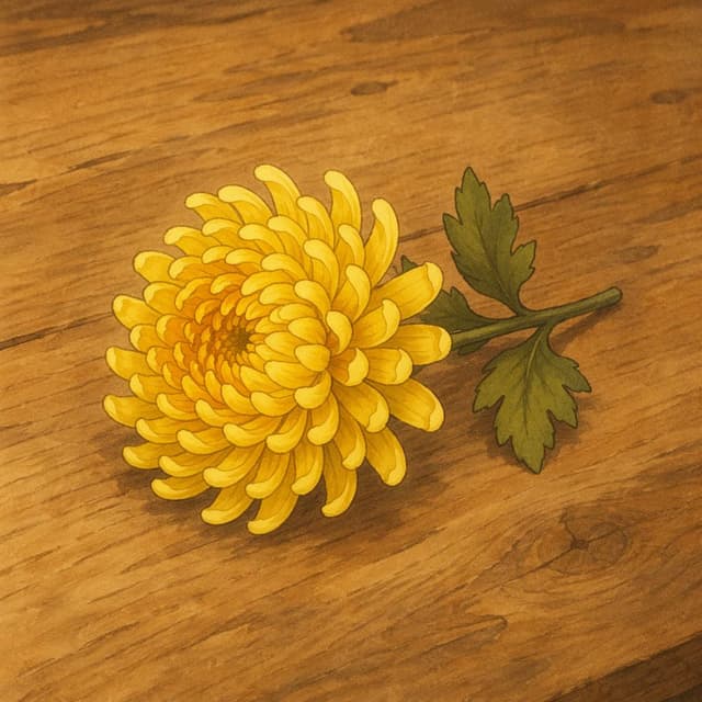 A single yellow chrysanthemum flower resting on a plain wooden counter, storybook style
Chat attachment instruction: Generate exactly one in-world chat attachment, not a collage, split-screen, comic panel, flashback, or explanatory scene. If the prompt is a screenshot, phone screen, document, note, card, map, receipt, label, object photo, or photo someone took, frame that artifact directly. A name appearing in visible text or in 'photo taken by X' is not an instruction to draw that person. Do not show recurring story participants as visible people unless the prompt itself explicitly says they are visible. Keep unrequested people, faces, and bodies out of the image.