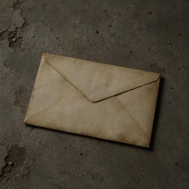 A single old yellowed envelope resting on a dusty concrete floor, storybook style
Chat attachment instruction: Generate exactly one in-world chat attachment, not a collage, split-screen, comic panel, flashback, or explanatory scene. If the prompt is a screenshot, phone screen, document, note, card, map, receipt, label, object photo, or photo someone took, frame that artifact directly. A name appearing in visible text or in 'photo taken by X' is not an instruction to draw that person. Do not show recurring story participants as visible people unless the prompt itself explicitly says they are visible. Keep unrequested people, faces, and bodies out of the image.