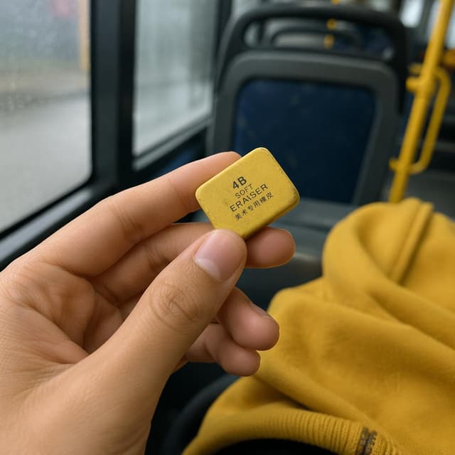 A close-up, first-person perspective of a hand holding a small yellow eraser inside a bus, with a blurred yellow hoodie sleeve visible in the background
Chat attachment instruction: Generate exactly one in-world chat attachment, not a collage, split-screen, comic panel, flashback, or explanatory scene. If the prompt is a screenshot, phone screen, document, note, card, map, receipt, label, object photo, or photo someone took, frame that artifact directly. A name appearing in visible text or in 'photo taken by X' is not an instruction to draw that person. Do not show recurring story participants as visible people unless the prompt itself explicitly says they are visible. Keep unrequested people, faces, and bodies out of the image.