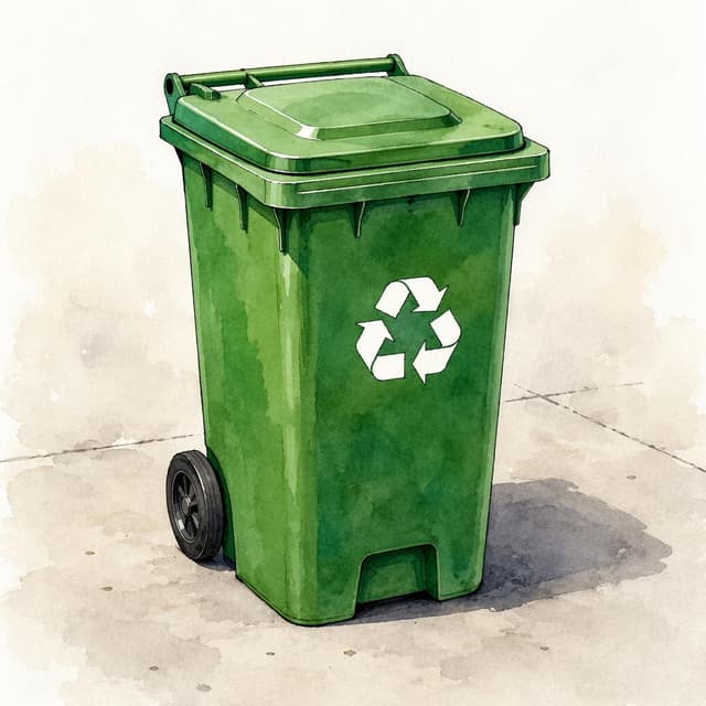 A single green recycling bin standing alone on a plain concrete floor, charming ink and watercolor painting, clean lines, vibrant but soft color palette, storybook style
Chat attachment instruction: Generate exactly one in-world chat attachment, not a collage, split-screen, comic panel, flashback, or explanatory scene. If the prompt is a screenshot, phone screen, document, note, card, map, receipt, label, object photo, or photo someone took, frame that artifact directly. A name appearing in visible text or in 'photo taken by X' is not an instruction to draw that person. Do not show recurring story participants as visible people unless the prompt itself explicitly says they are visible. Keep unrequested people, faces, and bodies out of the image.