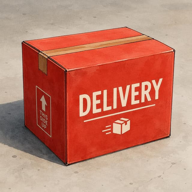 A large red cardboard delivery box on a plain concrete floor, charming ink and watercolor painting, clean lines, vibrant but soft color palette, storybook style
Chat attachment instruction: Generate exactly one in-world chat attachment, not a collage, split-screen, comic panel, flashback, or explanatory scene. If the prompt is a screenshot, phone screen, document, note, card, map, receipt, label, object photo, or photo someone took, frame that artifact directly. A name appearing in visible text or in 'photo taken by X' is not an instruction to draw that person. Do not show recurring story participants as visible people unless the prompt itself explicitly says they are visible. Keep unrequested people, faces, and bodies out of the image.