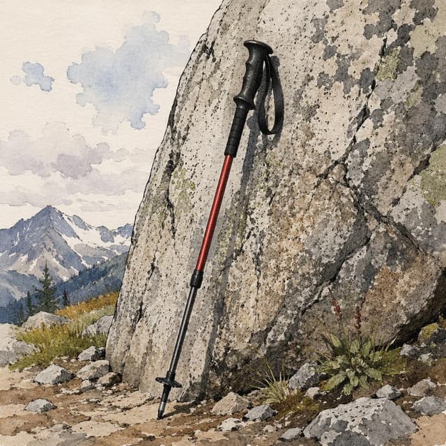 A single trekking pole leaning against a large granite boulder, ink and watercolor style
Chat attachment instruction: Generate exactly one in-world chat attachment, not a collage, split-screen, comic panel, flashback, or explanatory scene. If the prompt is a screenshot, phone screen, document, note, card, map, receipt, label, object photo, or photo someone took, frame that artifact directly. A name appearing in visible text or in 'photo taken by X' is not an instruction to draw that person. Do not show recurring story participants as visible people unless the prompt itself explicitly says they are visible. Keep unrequested people, faces, and bodies out of the image.