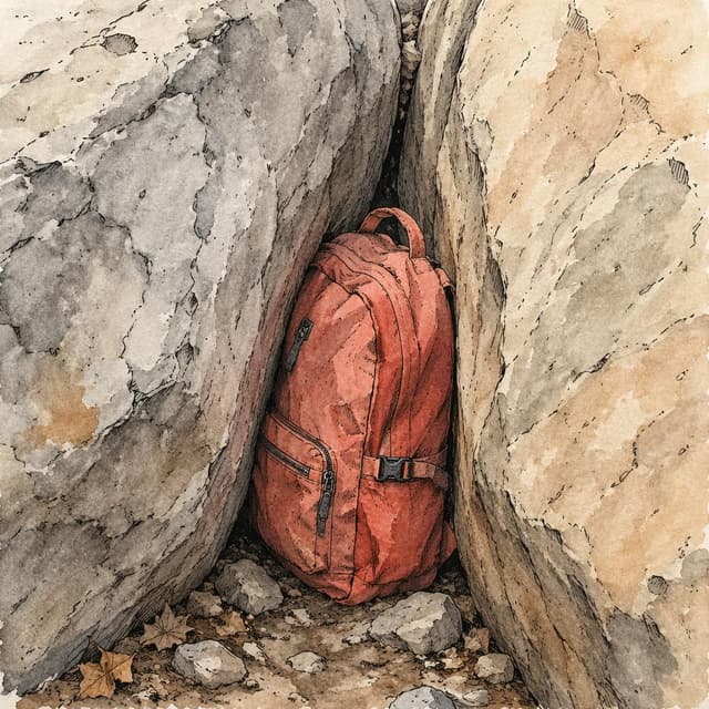 A coral-red backpack wedged between two large boulders, ink and watercolor style
Chat attachment instruction: Generate exactly one in-world chat attachment, not a collage, split-screen, comic panel, flashback, or explanatory scene. If the prompt is a screenshot, phone screen, document, note, card, map, receipt, label, object photo, or photo someone took, frame that artifact directly. A name appearing in visible text or in 'photo taken by X' is not an instruction to draw that person. Do not show recurring story participants as visible people unless the prompt itself explicitly says they are visible. Keep unrequested people, faces, and bodies out of the image.