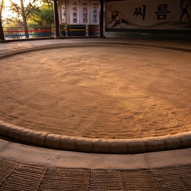 A wide, empty ssireum sand pit, raked smooth, seen from the low edge in soft late-afternoon light
Chat attachment instruction: Generate exactly one in-world chat attachment, not a collage, split-screen, comic panel, flashback, or explanatory scene. If the prompt is a screenshot, phone screen, document, note, card, map, receipt, label, object photo, or photo someone took, frame that artifact directly. A name appearing in visible text or in 'photo taken by X' is not an instruction to draw that person. Do not show recurring story participants as visible people unless the prompt itself explicitly says they are visible. Keep unrequested people, faces, and bodies out of the image.